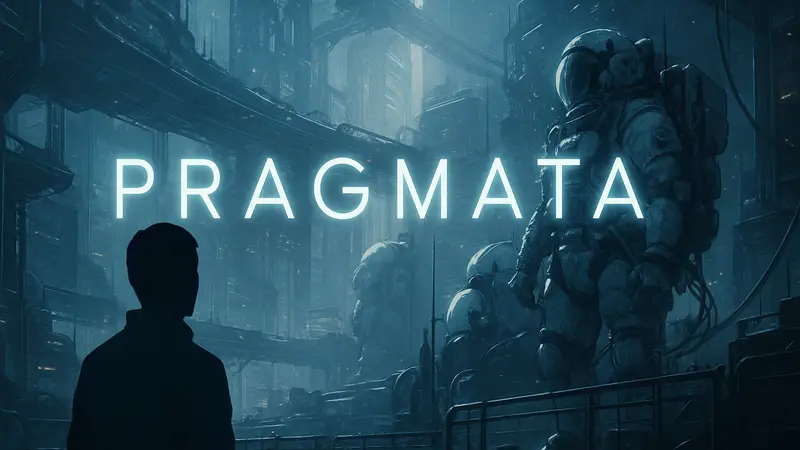 Игрок смотрит на логотип игры Pragmata на футуристическом фоне