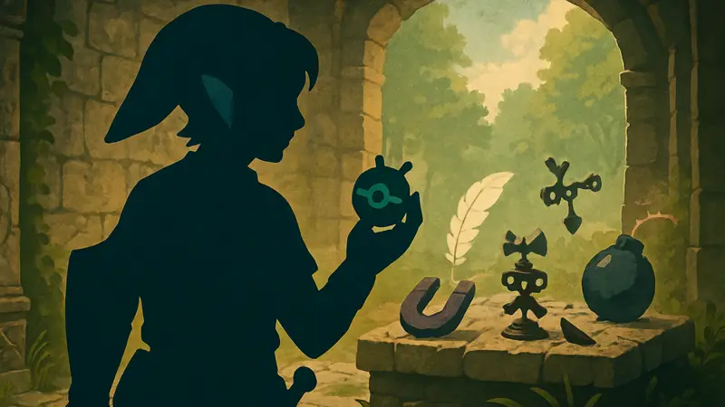 Линк из The Legend of Zelda с разными необычными предметами и механиками, арт