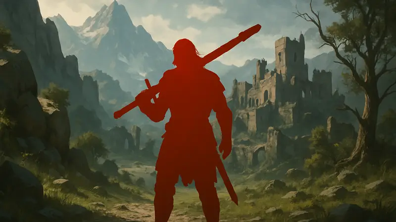 Персонаж с двуручным оружием в мире Crimson Desert