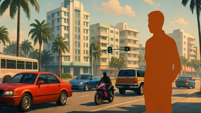 Скриншот из GTA 6: различные автомобили и транспортные средства на улицах Vice City.