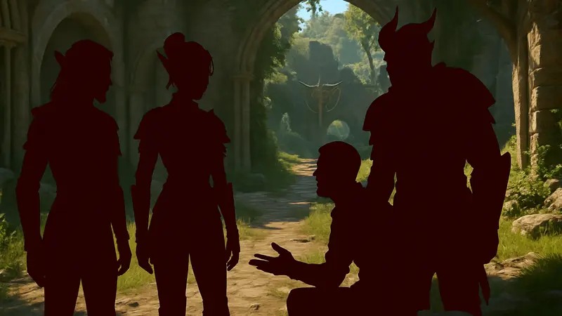 Скриншот Baldur's Gate 3 с изображением компаньонов и персонажа игрока, обсуждающих отношения.