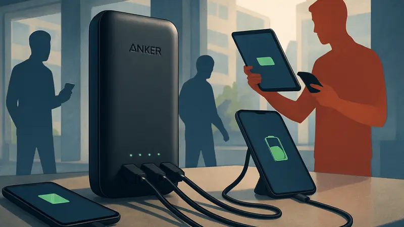Power Bank Anker на 25000 мАч с несколькими подключенными кабелями, заряжающий устройства.