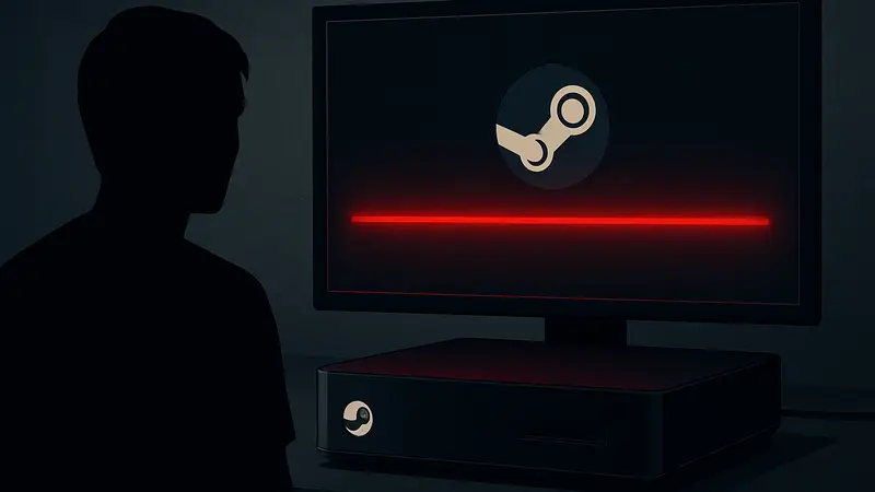 Консоль Steam Machine с красной светящейся линией на экране, символизирующей аппаратную проблему, на черном фоне.