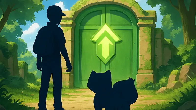 Тренер и покемон в Pokopia, зелёные ворота на заднем плане, повышение ранга.