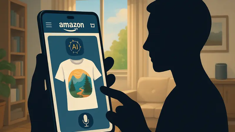 Приложение Amazon Shopping, демонстрирующее создание дизайна футболки с помощью ИИ