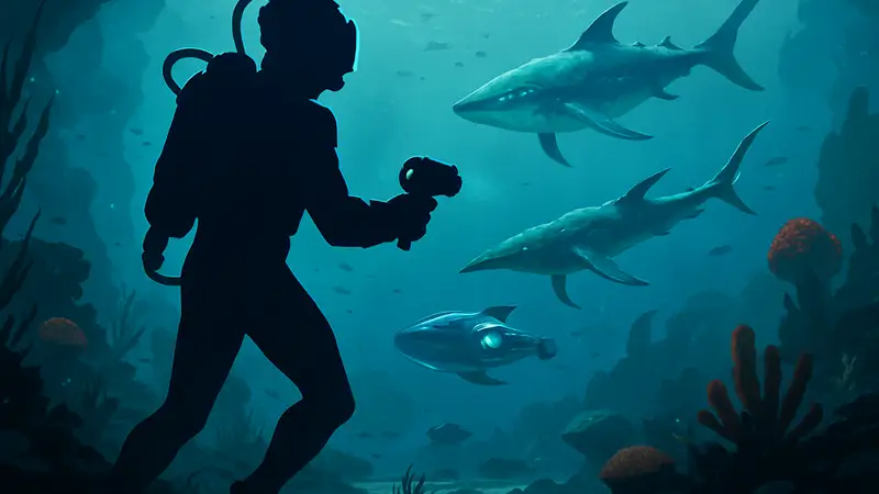 Игрок исследует подводный мир Subnautica 2, с футуристическим снаряжением и подводной фауной.