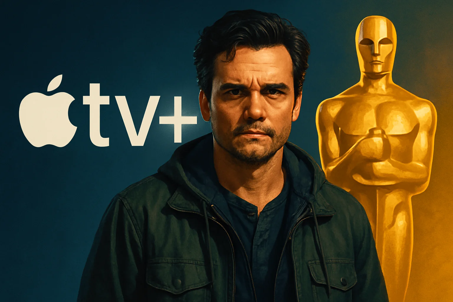 Вагнер Моура в роли из сериала Dope Thief, на фоне логотипа Apple TV и символа Оскара.