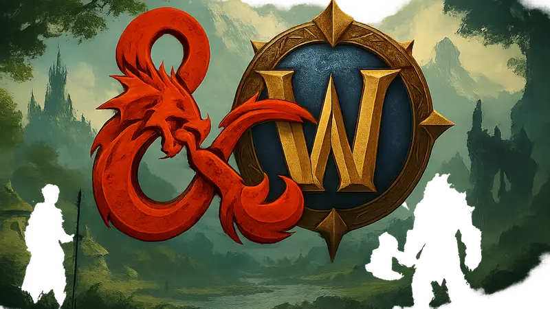 Логотипы Dungeons & Dragons и World of Warcraft, переплетающиеся в единую композицию.