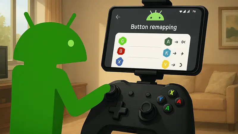 Геймпад, подключенный к смартфону, с демонстрацией функции переназначения кнопок в Android 17 Beta.
