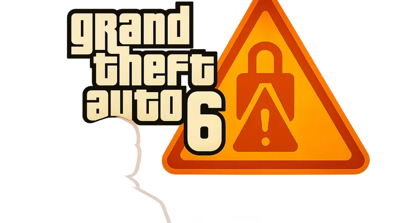 Логотип Grand Theft Auto 6 на фоне предупреждающего знака кибербезопасности, символизирующий мошенничество с ранним доступом.