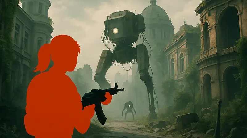 Изображение сюрреалистического мира из игры Industria 2 с элементами FPS геймплея.