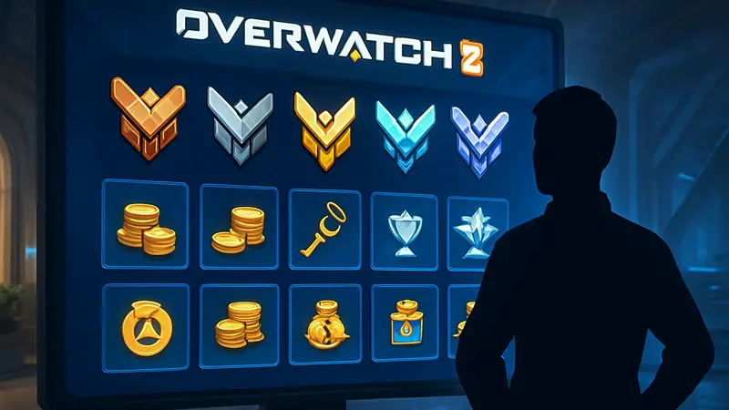 Интерфейс Overwatch 2 с отображением ранговой системы и наград за соревновательный режим
