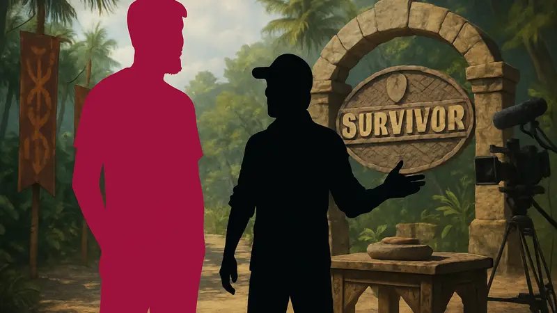 MrBeast и Джефф Пробст на съемочной площадке Survivor, символизирующие сотрудничество между ТВ и онлайн-контентом.