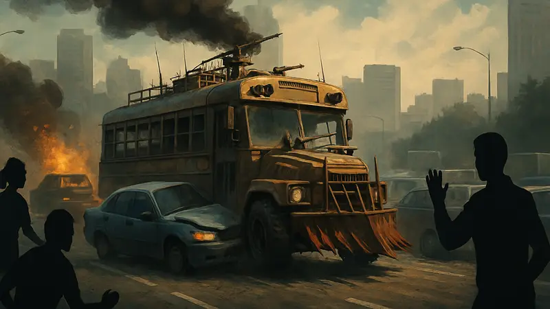 Скриншот из симулятора Mad Bus с автобусом, устраивающим хаос.