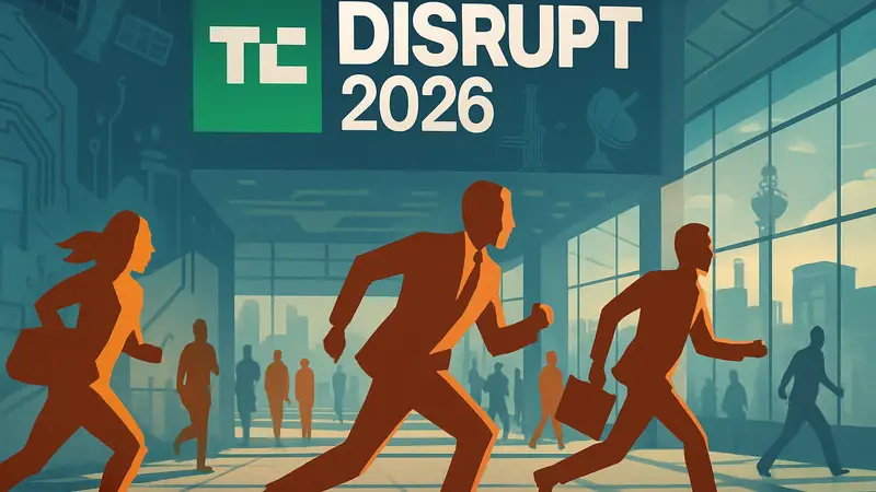 Логотип конференции TechCrunch Disrupt 2026, на фоне которой изображены спешащие люди или элементы технологий.