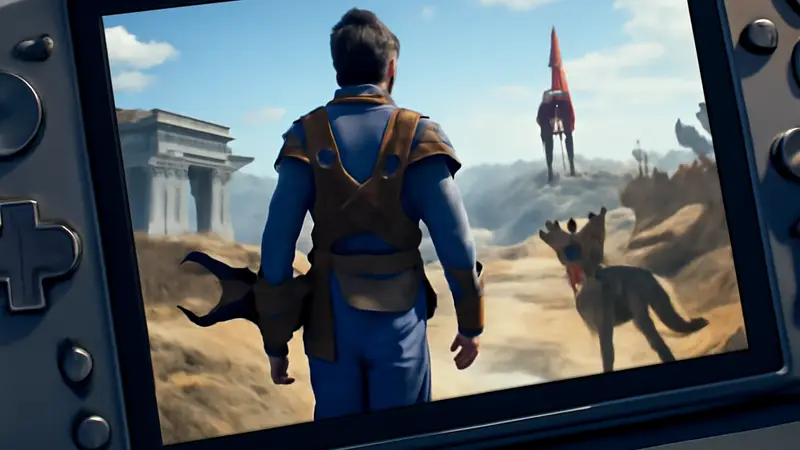 Портативная игровая консоль AYN Thor, на экране которой запущен Fallout 4, демонстрирующий игровой процесс.