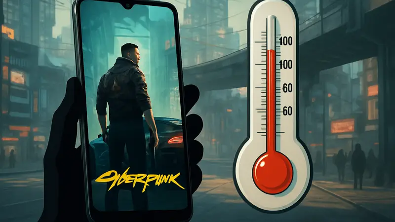 Android смартфон с запущенной Cyberpunk 2077 на экране и термометром, показывающим 100 градусов.