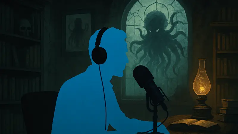 Изображение, связанное с подкастом «Расследования Лавкрафта», с элементами ужасов и мистики.