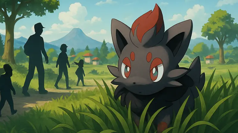 Покемон Zorua, прячущийся в траве на фоне мира Pokémon Pokopia