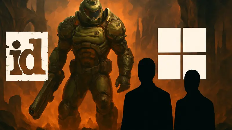 Логотип id Software и Microsoft, на фоне персонажа из игры DOOM.
