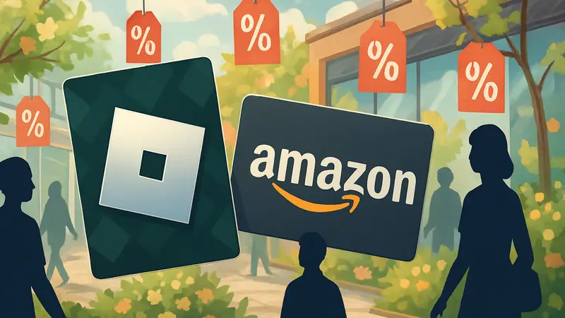 Подарочная карта Robux и логотип Amazon на фоне скидок весенней распродажи