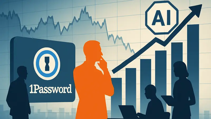 Логотип 1Password на фоне графика расходов на ИИ, концепция управления затратами в бизнесе.
