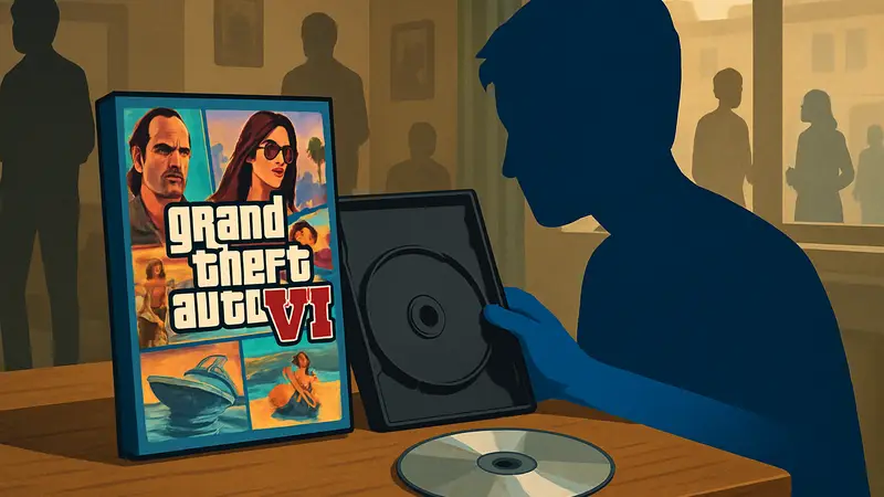 Коробка GTA 6 с надписью "Только код загрузки", лежащая на столе рядом с диском, которого нет внутри, символизируя цифровизацию.