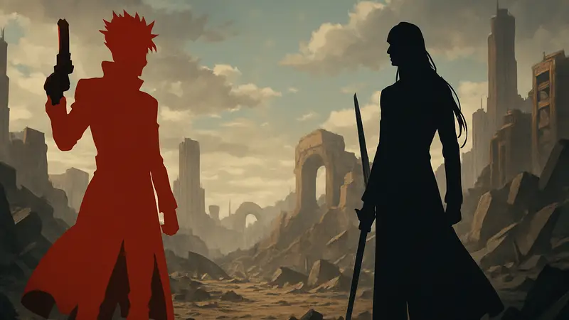 Кадр из аниме TRIGUN STAMPEDE, Вашем Панишер и Найфс Миллионс перед финальной битвой.