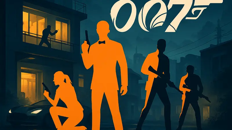 Концепт-арт или логотип 007 First Light. Несколько агентов на миссии, в стиле Джеймса Бонда.