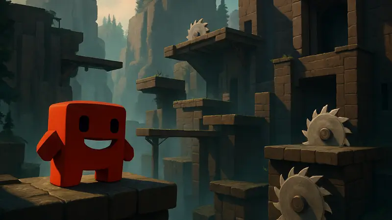 Super Meat Boy 3D: Скриншот из игры, демонстрирующий персонажа и элементы 3D-платформера.