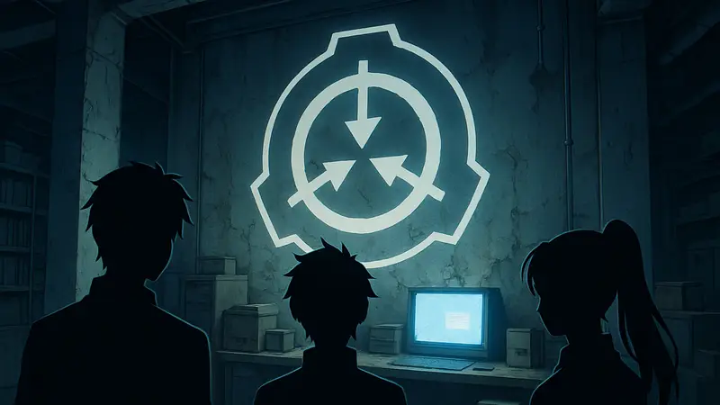 Изображение или символ SCP Foundation в аниме-стилистике, с намёком на тизер или краудфандинг.