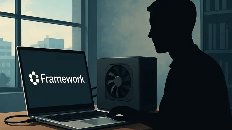 Модульный ноутбук Framework 16 с подключенной внешней видеокартой (eGPU).