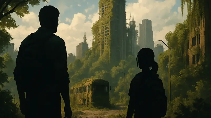 Постер или кадр из сериала The Last of Us, с Джоэлом и Элли, смотрящими вдаль.