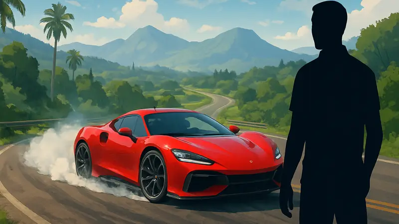 Автомобиль из Forza Horizon 6 в динамичном заносе на дороге