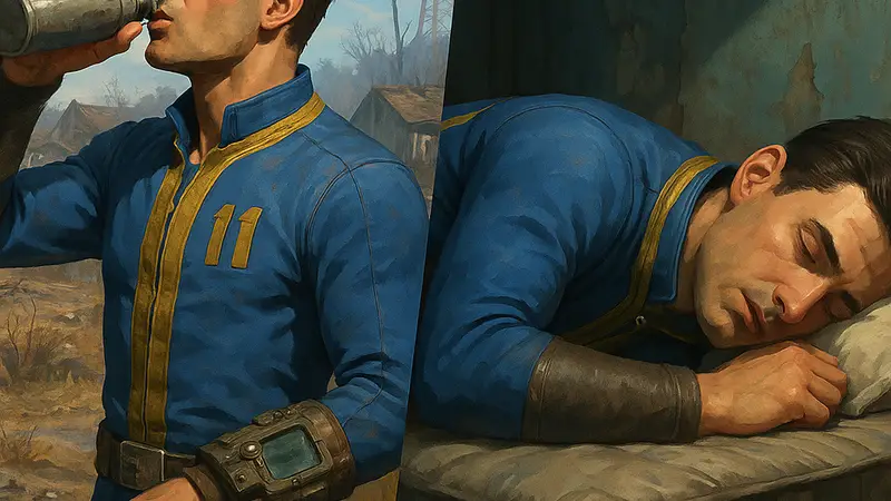Скриншот из Fallout 4, где персонаж пьет воду или спит в постъядерном мире, символизирующий новые механики