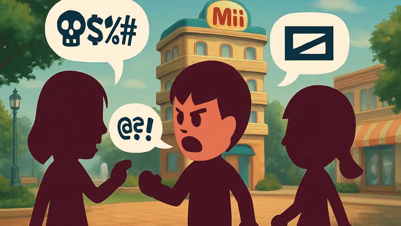 Mii персонажи из Tomodachi Life с диалоговыми облачками, в которых условно показаны ругательства или цензура.