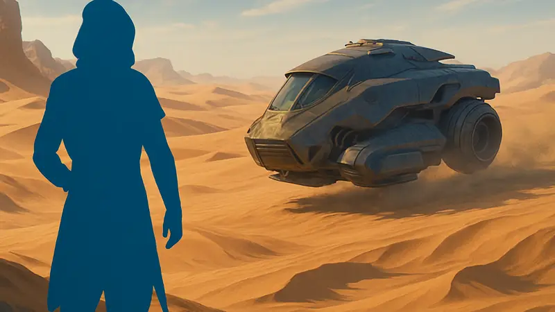 Dune Awakening, скриншот из игры с песчаными дюнами и футуристическим транспортом, символизирующий обновление и скидку.