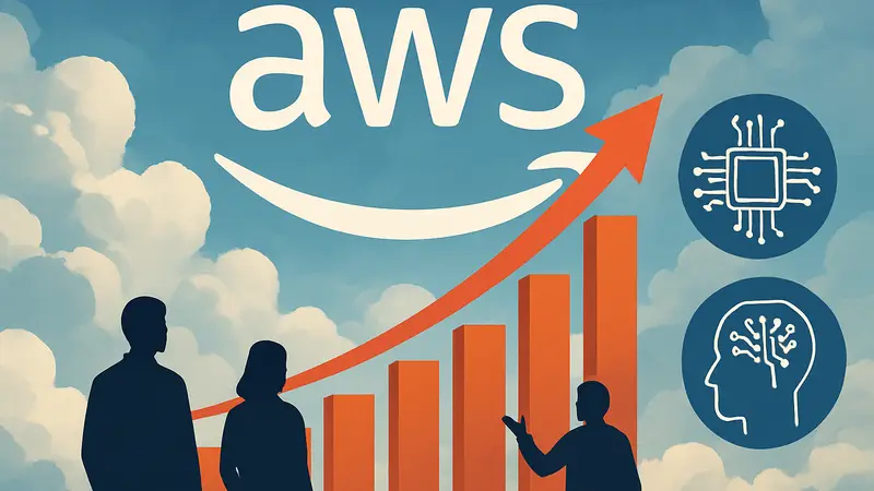 Логотип AWS с графиком роста доходов и символами искусственного интеллекта на фоне облаков.