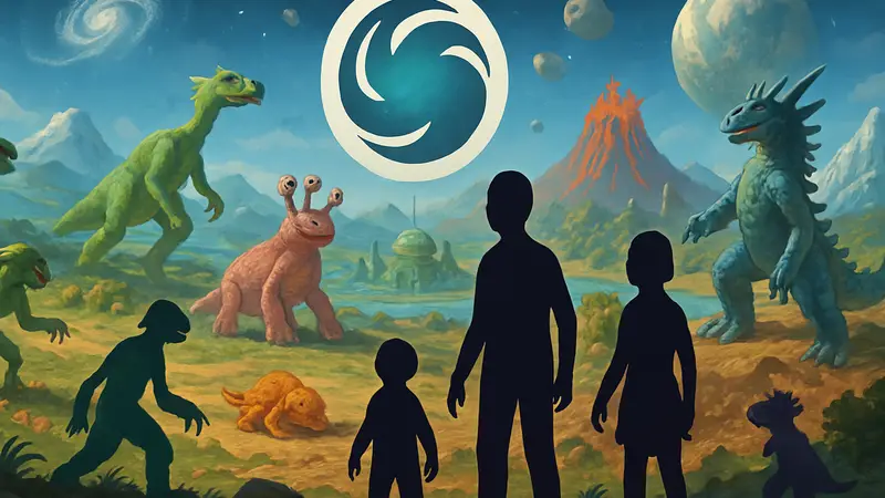 Игровой мир Spore с существами на разных стадиях эволюции, логотип Maxis, концепт-арт игры.