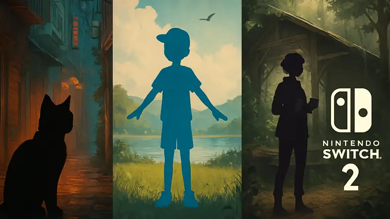 Изображение обложек игр Stray, To a T и Wanderstop с логотипом Nintendo Switch 2