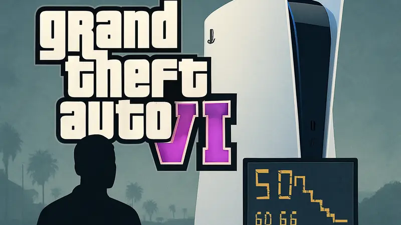Логотип GTA 6 на фоне консоли PlayStation 5, иллюстрация низкой частоты кадров.