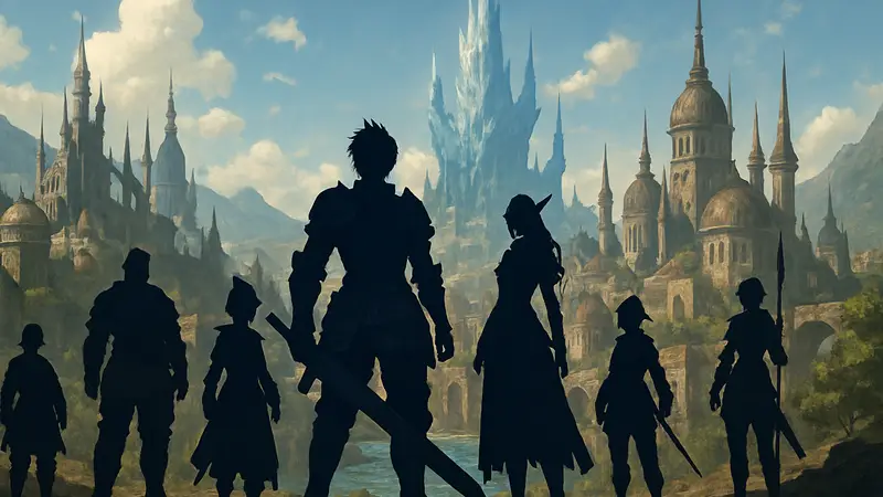 Логотип Final Fantasy XIV: Adventurer's Chronicle Exhibition на фоне персонажей игры и города.