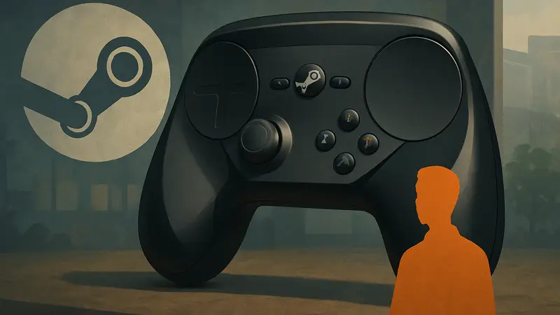 Игровой контроллер Steam Controller с логотипом Valve на фоне.