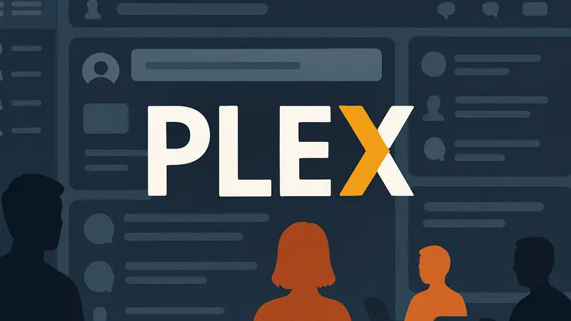 Логотип Plex на фоне интерфейса с новыми социальными функциями и элементами меню