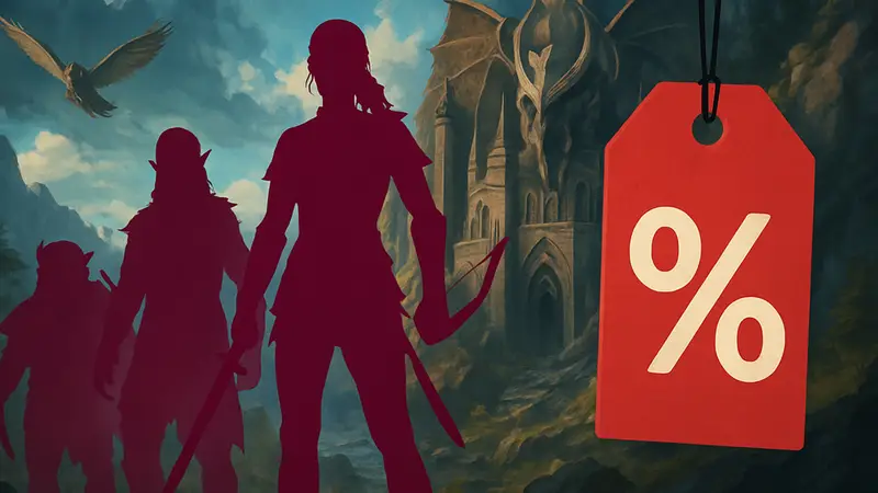 Обложка игры Baldur's Gate 3 с персонажами или ключевой арт, символизирующий скидку.