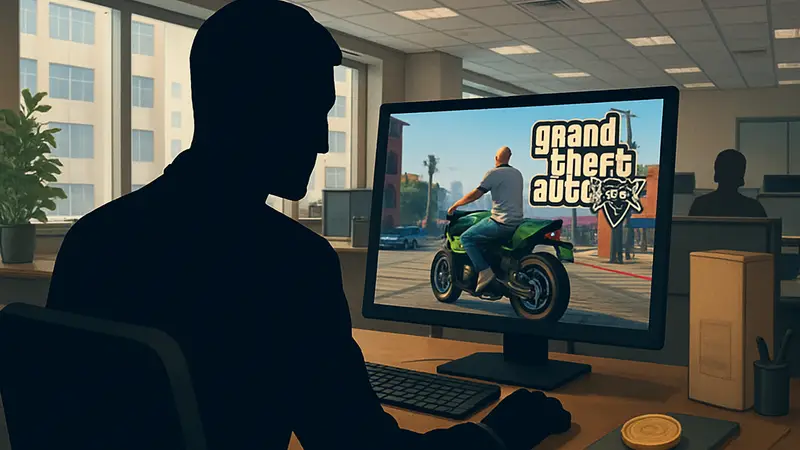 Госслужащий играет в GTA Online за рабочим компьютером в офисе, получая зарплату.