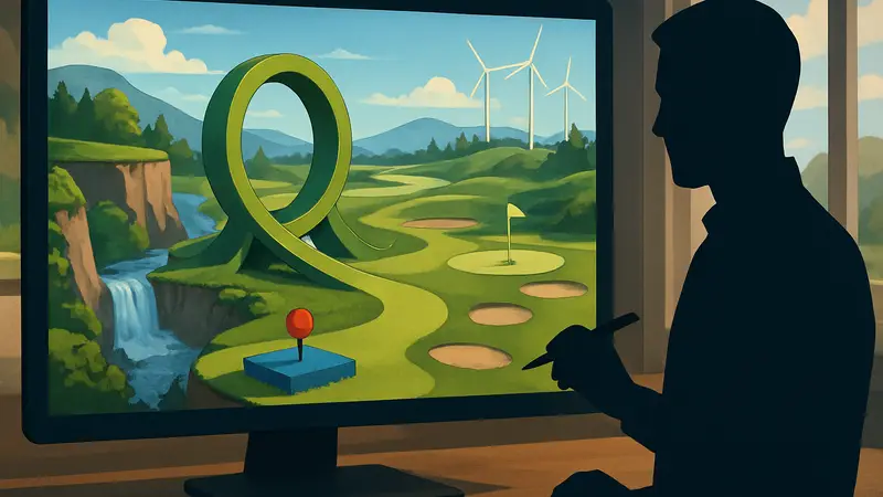 Изображение экрана из игры Under Par Golf Architect, где строится необычное и креативное гольф-поле.