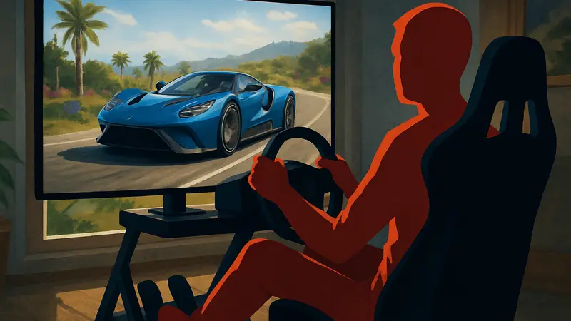 Игрок за гоночным креслом-симулятором в Forza Horizon 6