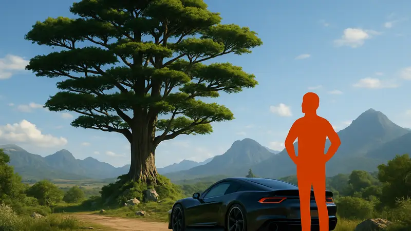 Игровой скриншот Forza Horizon 6 с большим деревом Китаяма Биг Дайсуги на фоне гор.