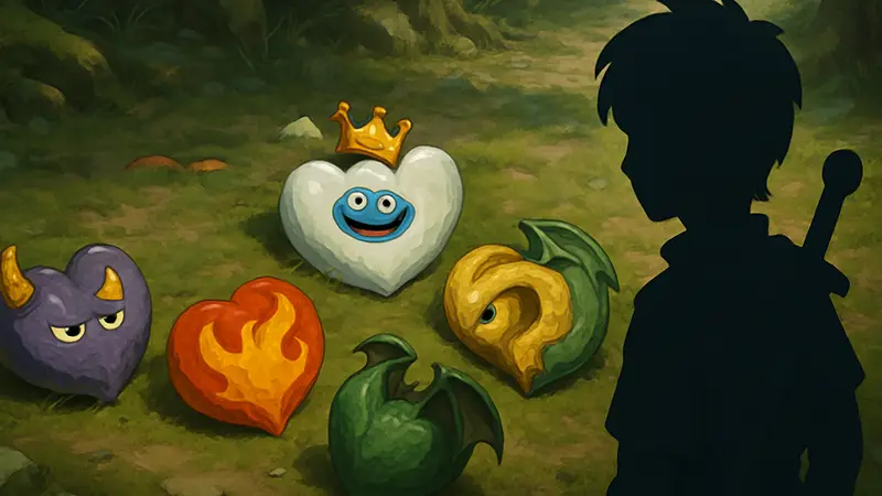 Различные Сердца монстров из Dragon Quest 7 Reimagined, лежащие на земле, для гайда по лучшим предметам